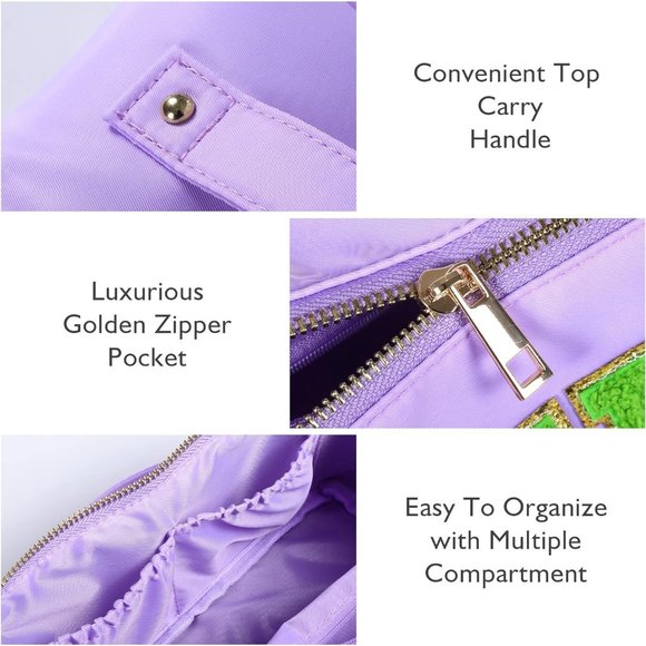 Women Chenille Letter Open Flat Nylon Stuff Makeup Travel Cosmetic Bag Purple - Picture 2 of 9